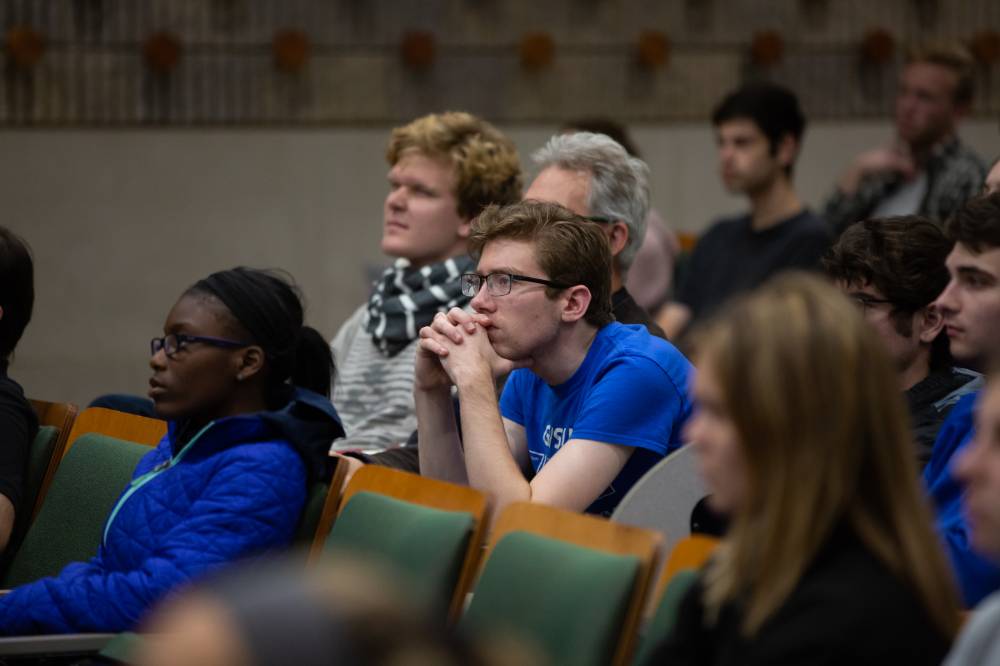 Faculty and students listen to Steve Buchwald of MIT give the Arnold C. Ott Lectureship